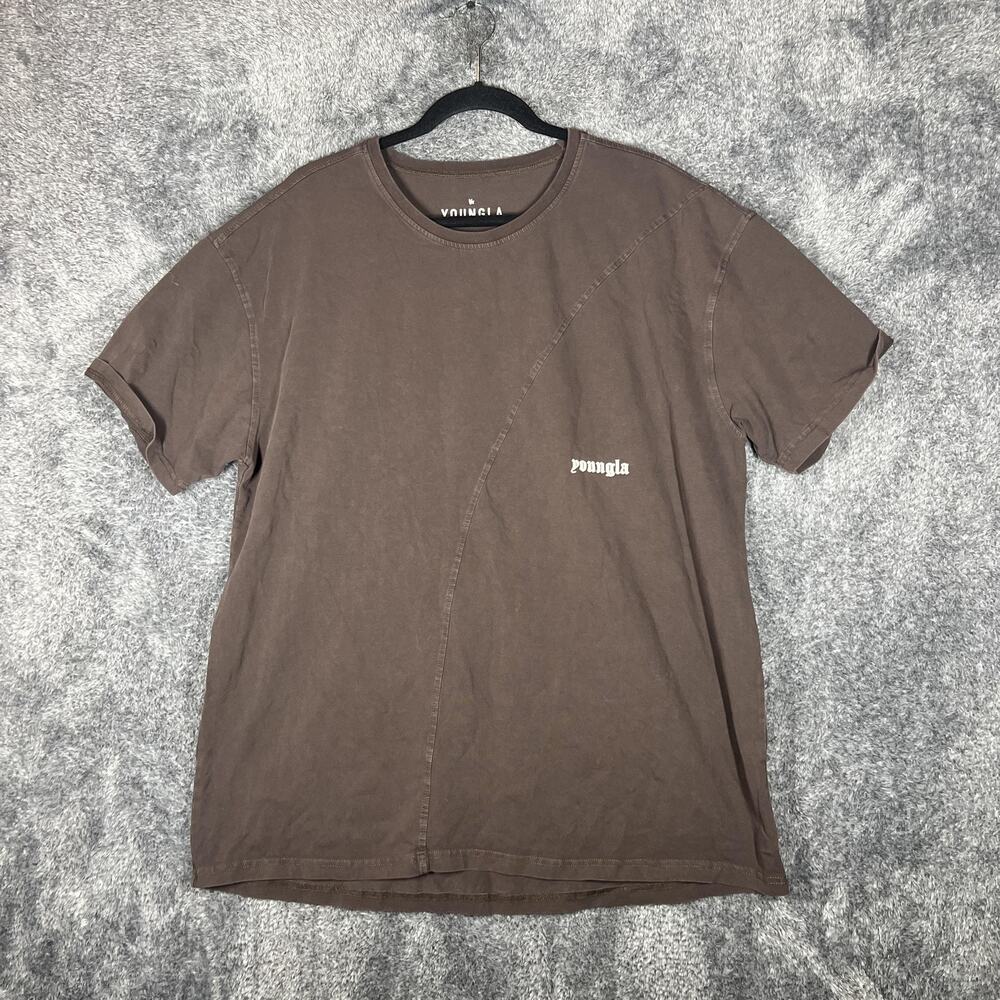 YoungLA Shirt Mens 2XL Brown Short Sleeve Curved Seam Logo Stretch Tagless Tee